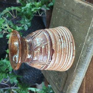 Vintage Brutalist Drip Glazed Carved Pottery Vase Marked "RS"